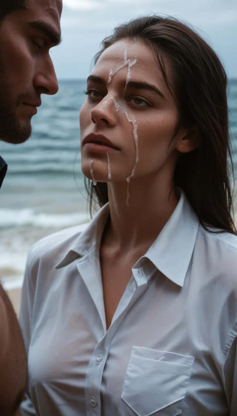 best quality, hyperrealistic, couple, athletic build, collared shirt, slow turn, cum on face, ocean, portrait, cool tones, photorealistic