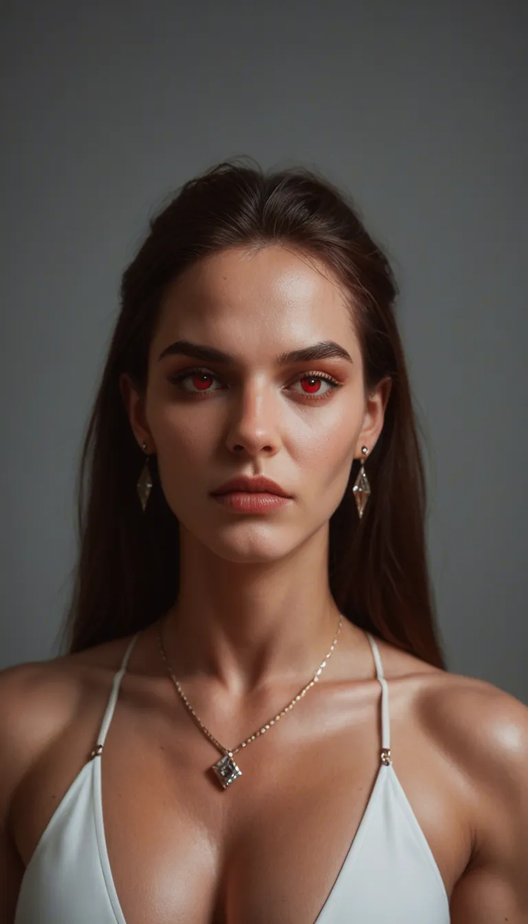 Young woman, tall and muscular, highly evolved humanoid, extremely beautiful, sharp features, piercing red eyes, diamond shaped red third eye on forehead, extremely elegant face,, long and flowing black hair with few strands at the front, two red lightning bolts for horns, black domino mask covering upper half of face, razor-sharp fangs, bright red lips, distinct intricate glowing bright red tattoos adorning chest, intricate glowing bright red tattoos on both arms, wears a black and red intricate designed bikini top and black bottoms, bright fair skin, golden necklace and armbands, heavily oiled skinr, dark gloves with crimson claws, larger-than-normal breasts and buttocks, blue seraphic wings, black high knee boots, manga style animated scene, having passionate sex with two young man