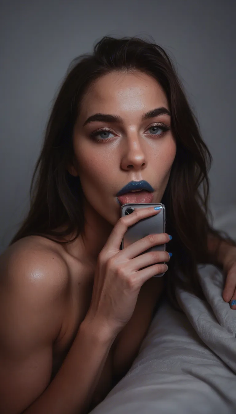 Woman giving fellatio, lipstick, blue lipstick,