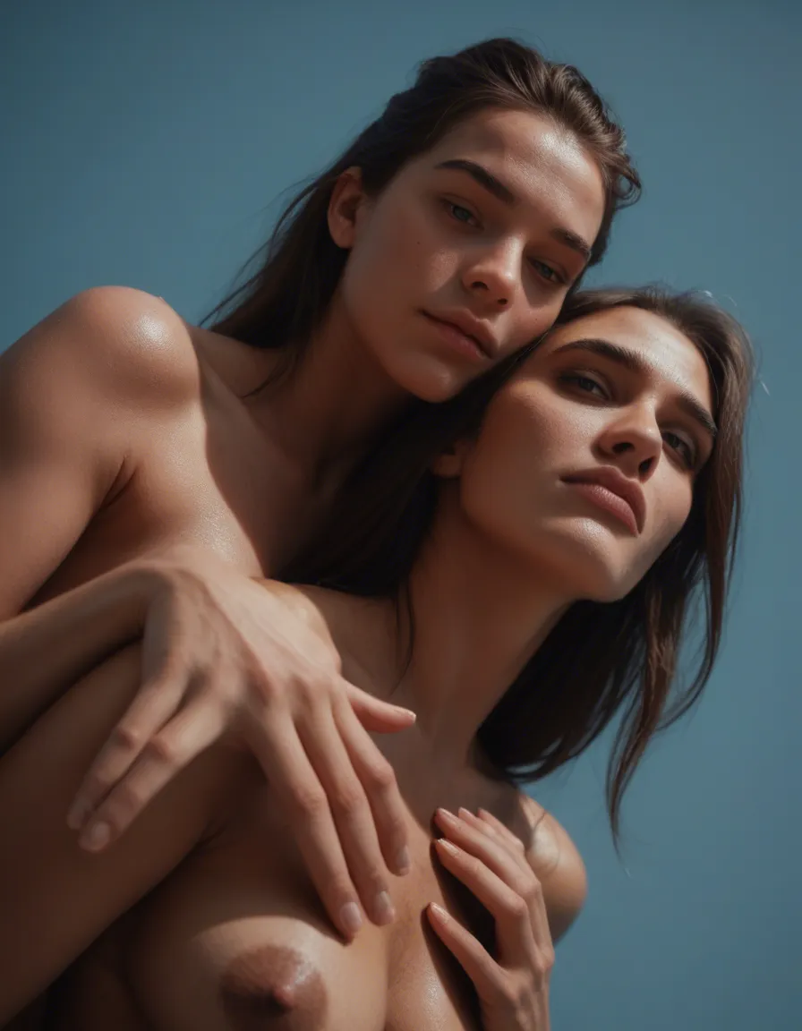 8k, sharp focus, detailed skin, low angle, couple, fully nude, hands up, blue background, photorealistic, score_9, score_8, candid photo, realistic skin texture, visible skin pores, film grain, depth of field