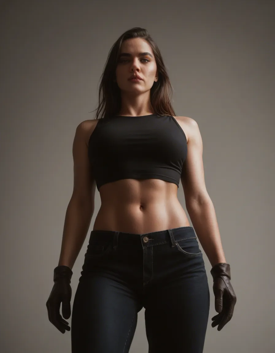 dslr, film grain, photorealistic, 1woman, midriff, gloves, futanari, from below, film photography, score_9, score_8, candid photo, realistic skin texture, visible skin pores, film grain, depth of field