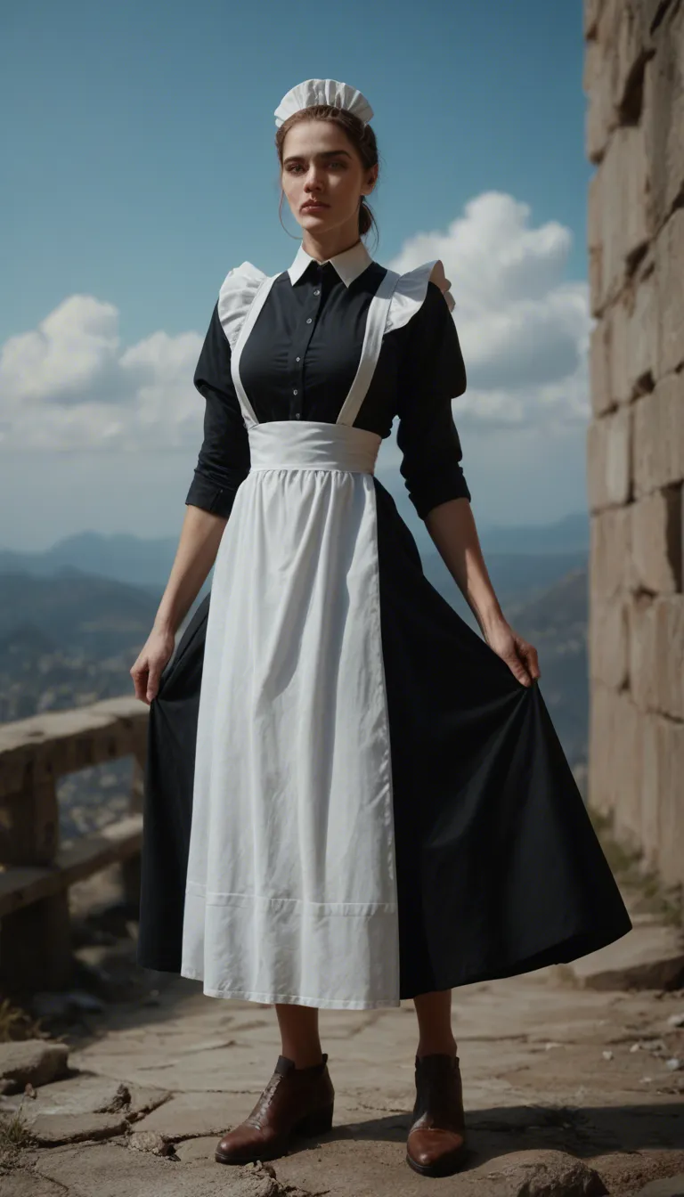 cinematic photo, 8k, maid, presenting, brown footwear, blue sky, dslr quality