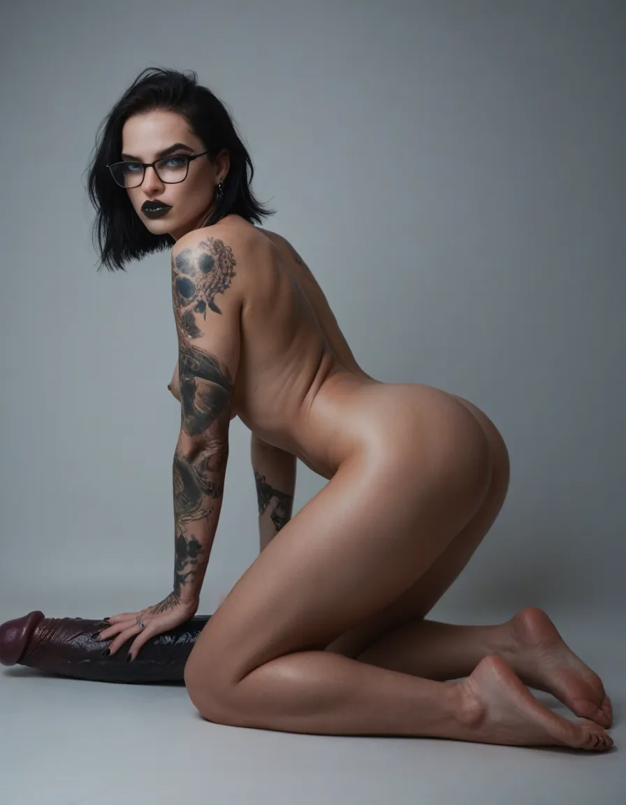 RAW photo, tall brunette with tattoos piercings and glasses, with small perky breasts. Gothic look, blue eyes and short black hair she's on her knees with a big dildo sticking in her ass, score_9, score_8, candid photo, realistic skin texture, visible skin pores, film grain, depth of field