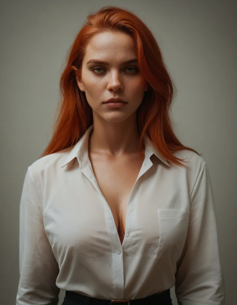 cinematic photo, 8k, redhead woman, collared shirt, futanari, natural skin texture, score_9, score_8, candid photo, realistic skin texture, visible skin pores, film grain, depth of field