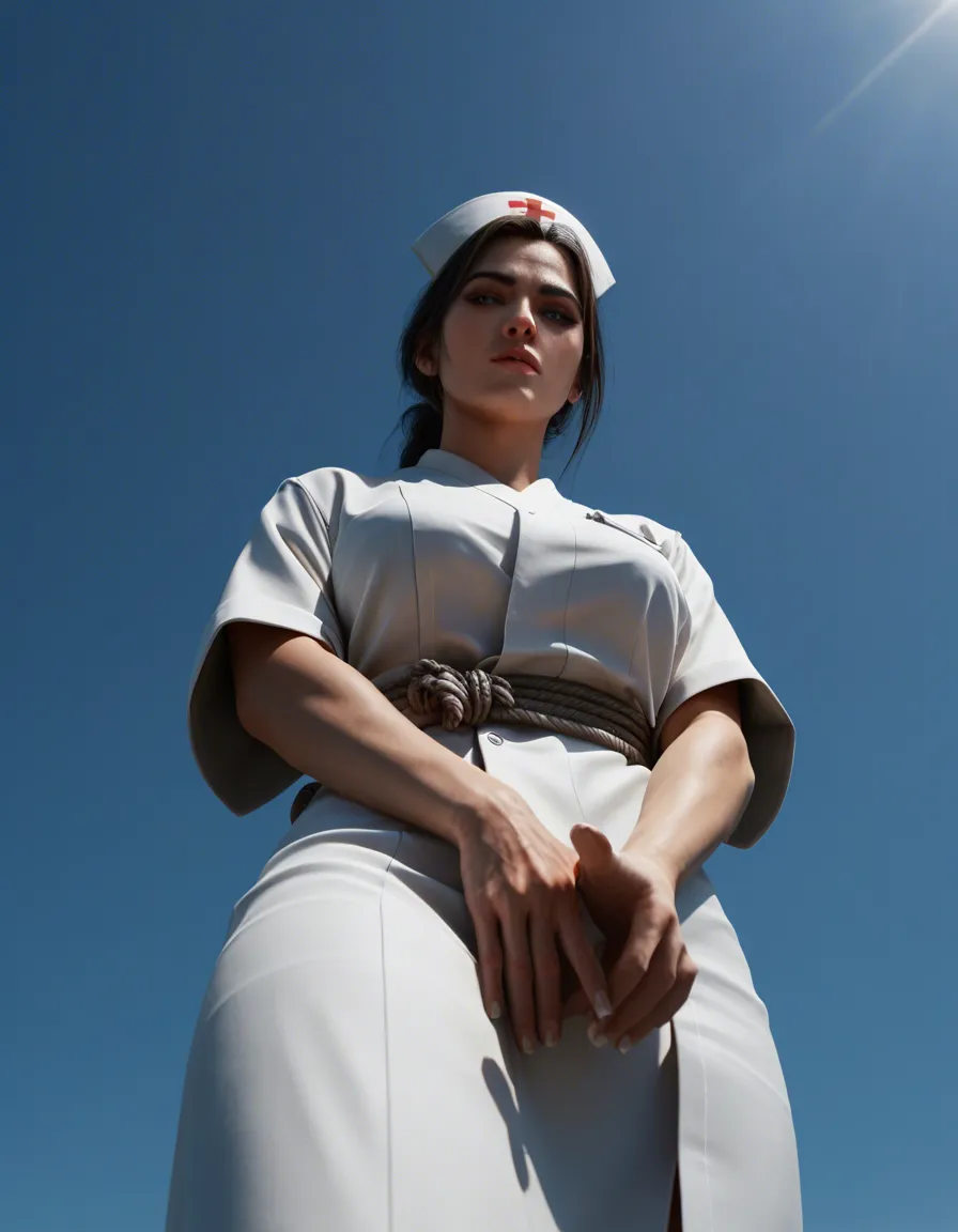 ray tracing, ultra detailed, nurse, fingernails, japanese clothes, bondage, blue sky, low angle, 3D render, score_9, score_8, 3d render, octane render, subsurface scattering, ray tracing, smooth shading