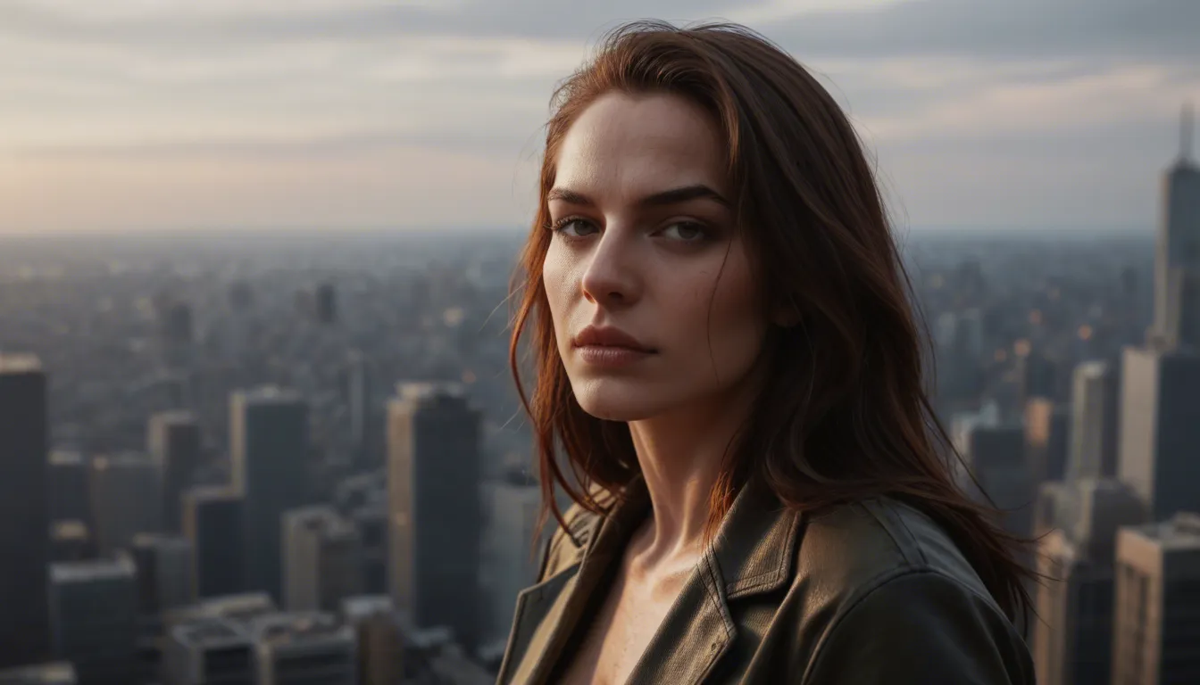 A high-tension, cinematic moment on a moonlit skyscraper edge, where a mature woman in her early 40s is captured in a state of raw, ecstatic release. She is clad in a sleek, black leather bodysuit, unzipped provocatively from the neckline down to her crotch, where the seam has been roughly torn to allow a man in a sharp business suit to enter her from behind. Her body is a study of contrast: a tight, toned physique with smaller, naturally saggy breasts and short dark brown hair marked by a sophisticated thin grey streak. Bent precariously over the rooftop’s ledge, her knuckles are white as she grips the cold stone for stability. The composition focuses on the visceral connection, showing the man’s large penis deeply embedded within her, with a glistening trace of arousal escaping her trimmed pubic area. Her face is contorted in a powerful, screaming orgasm, while the man remains an anonymous force, his face hidden from view. The sprawling, neon-lit city grid glows far below, emphasizing the vertigo and the illicit intensity of their encounter.