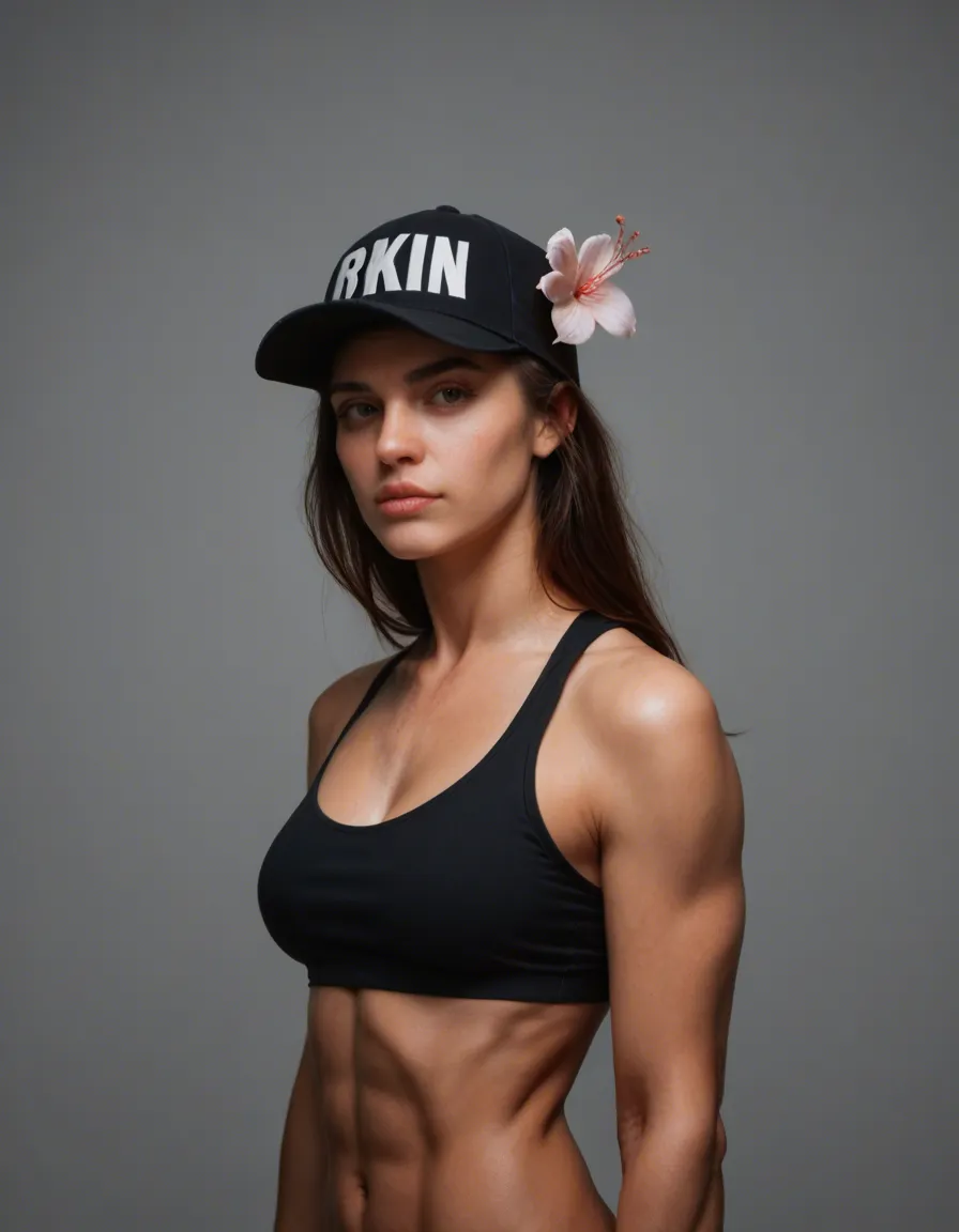 best quality, hyperrealistic, fitness model, hair flower, hat, presenting, photorealistic, score_9, score_8, candid photo, realistic skin texture, visible skin pores, film grain, depth of field