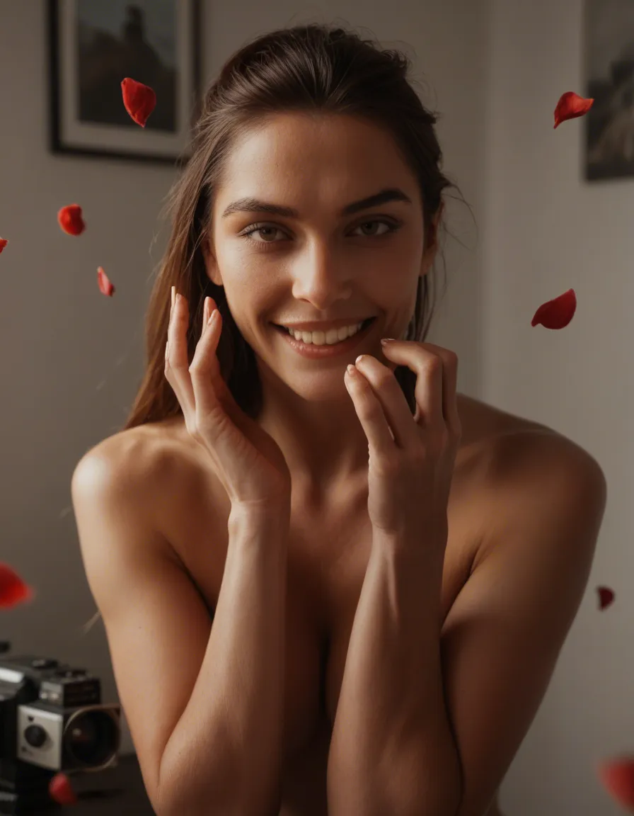 dslr, film grain, photorealistic, portrait, solo, leg up, hands up, petals, teasing grin, studio photo_(object), score_9, score_8, candid photo, realistic skin texture, visible skin pores, film grain, depth of field