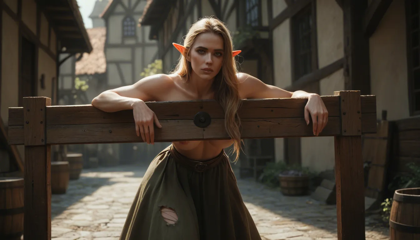medieval, platform in the town square, beautiful topless elf woman in ripped long skirt, her neck and wrists are fixed in a wooden pillory, she is bent over, bare butt, man in a rich medieval clothes fucks her from behind, public, low-angle shot, bouncing_breasts, bent_over, sex_from_behind, bright color grading
