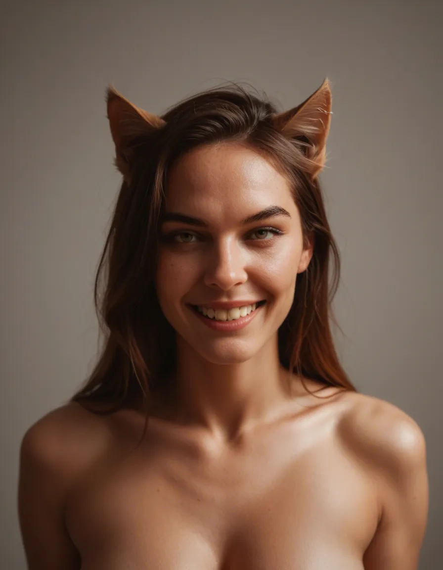 ultra HD, lifelike, catgirl, bondage, hourglass figure, teasing grin, studio photo, score_9, score_8, candid photo, realistic skin texture, visible skin pores, film grain, depth of field