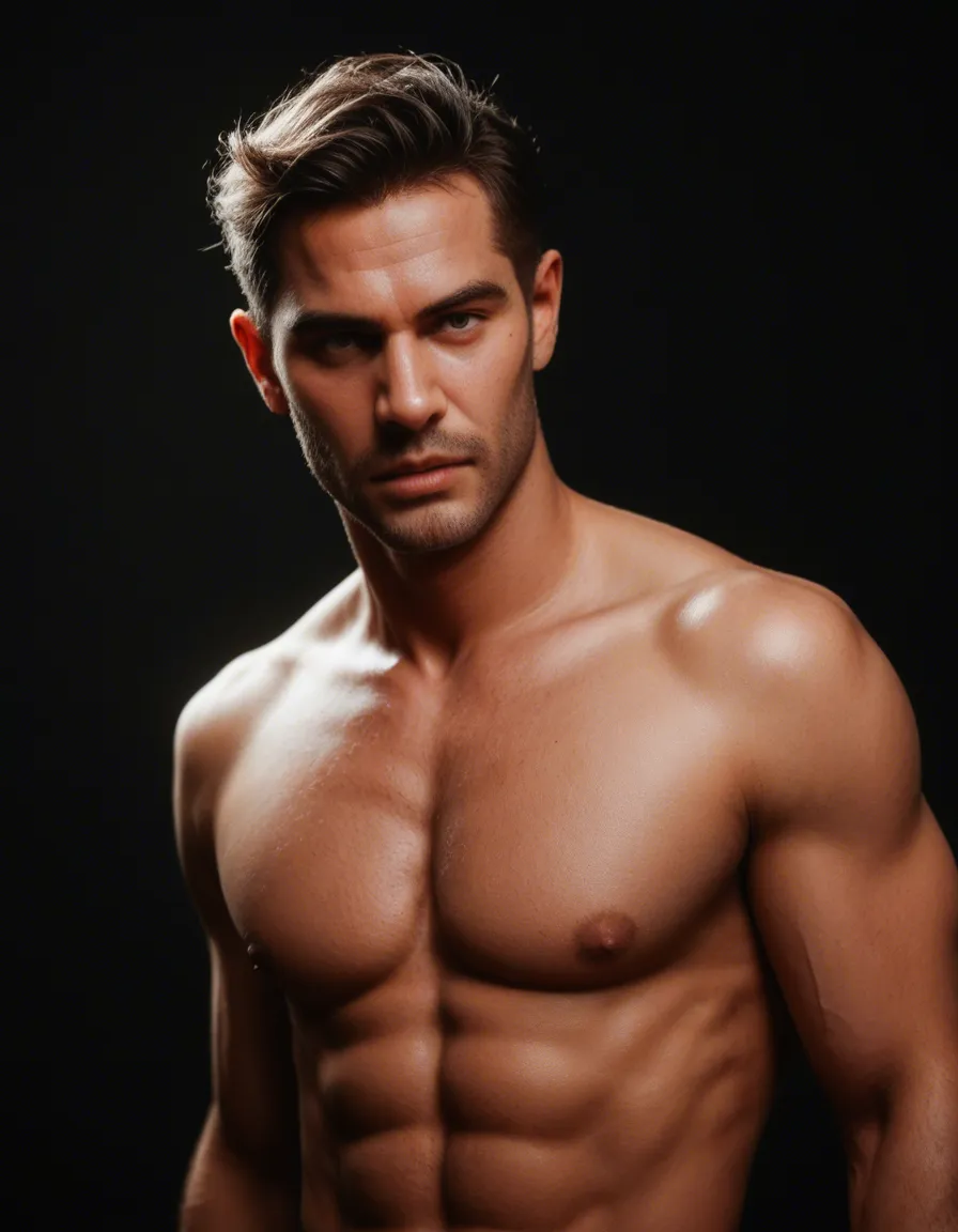 cinematic photo, 8k, male focus, topless, mole, black background, playful expression, natural skin texture, score_9, score_8, candid photo, realistic skin texture, visible skin pores, film grain, depth of field
