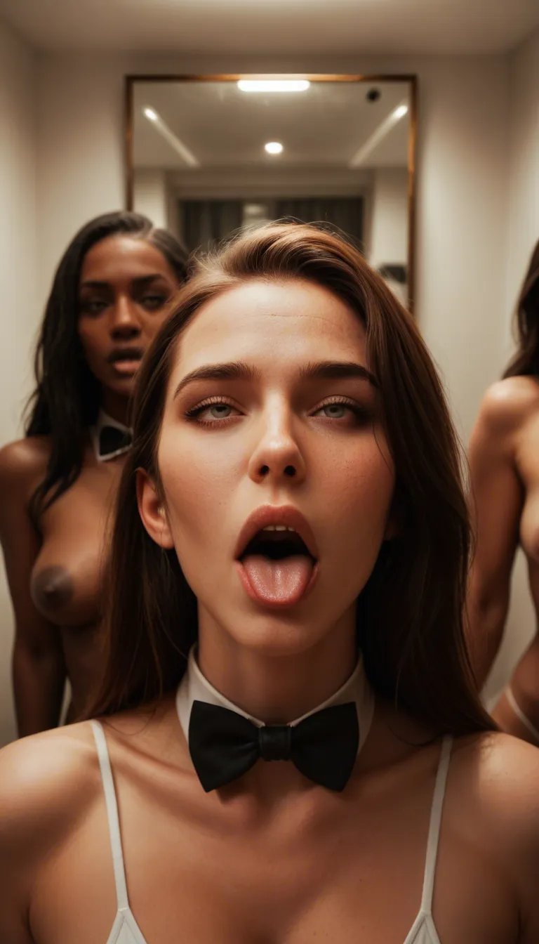 highly detailed, natural lighting, 3girls, dark-skinned male, bowtie, mirror reflection, ahegao, indoors, neon glow, studio photo
