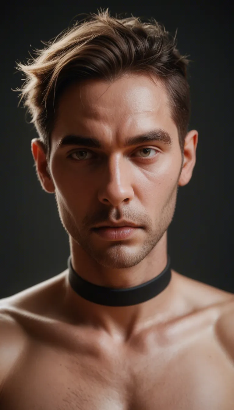 RAW photo, ultra realistic, male focus, choker, presenting, warm tones, dslr quality