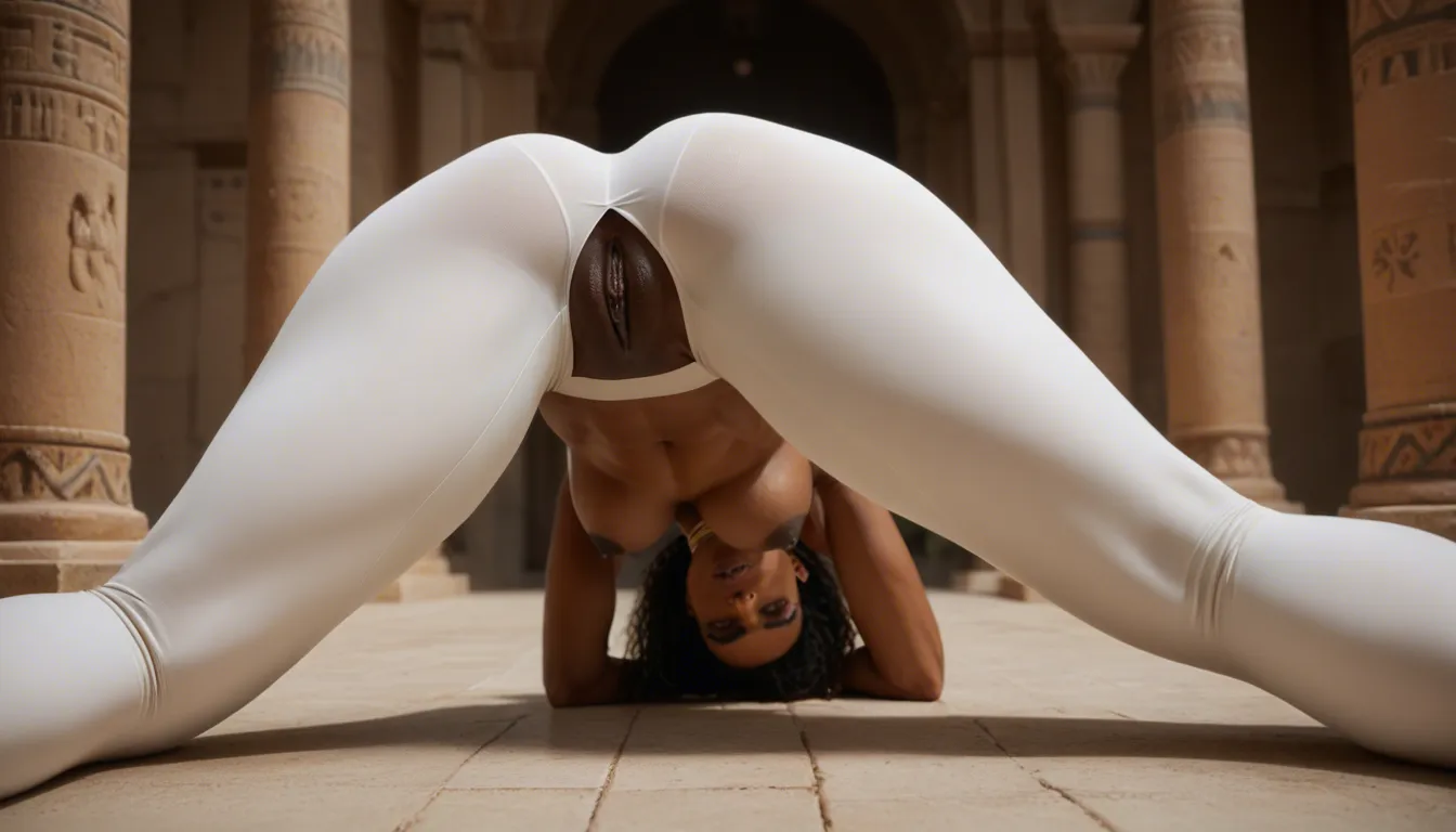 long_hair ancient egyptian woman wearing ancient egyptian gold jewelry with white yoga pants bent_over presenting pussy, score_9, score_8, candid photo, realistic skin texture, visible skin pores, film grain, depth of field