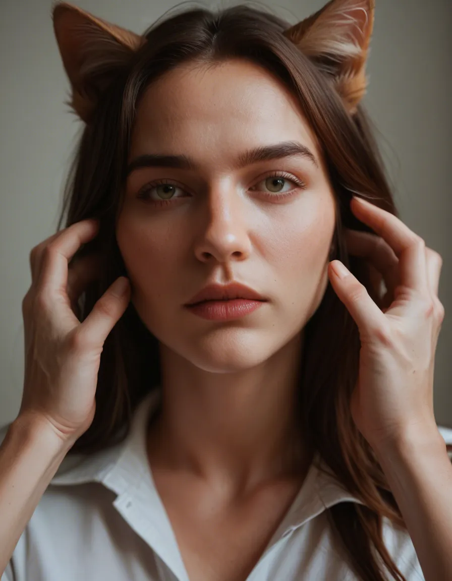 dslr, film grain, photorealistic, catgirl, hands up, white shirt, bondage, close-up, lifelike render, score_9, score_8, candid photo, realistic skin texture, visible skin pores, film grain, depth of field