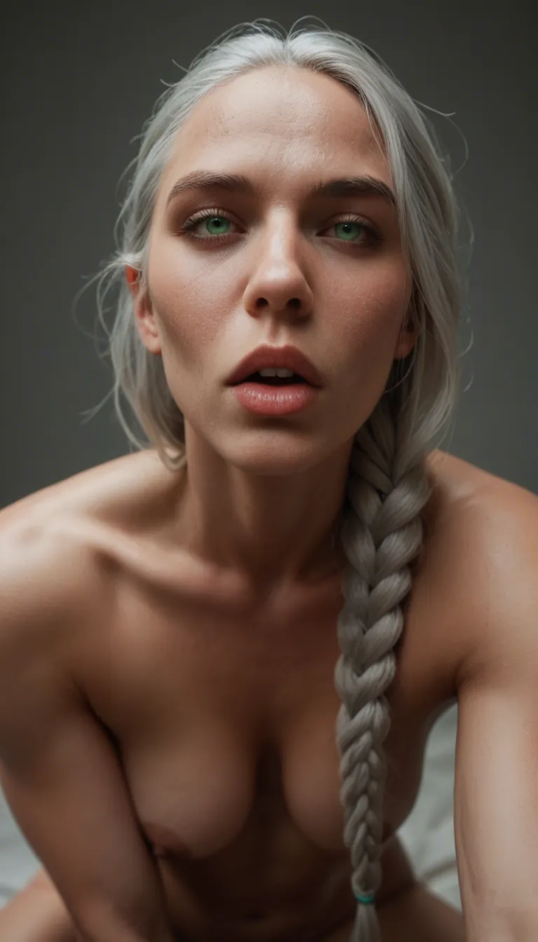 Pov sloppy deep throat from a silver haired green eyed woman with long loosely braided hair.