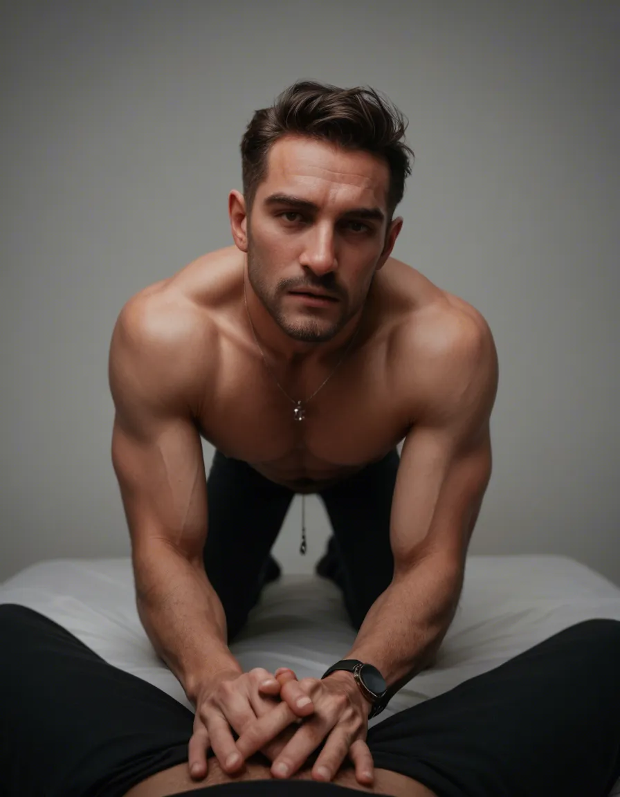 cinematic photo, 8k, male focus, holding hands, jewelry, on all fours, lifelike render, score_9, score_8, candid photo, realistic skin texture, visible skin pores, film grain, depth of field