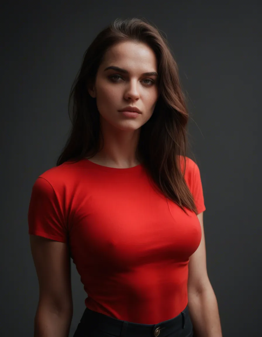 Black woman botomless wearing a tight red shirt, score_9, score_8, candid photo, realistic skin texture, visible skin pores, film grain, depth of field