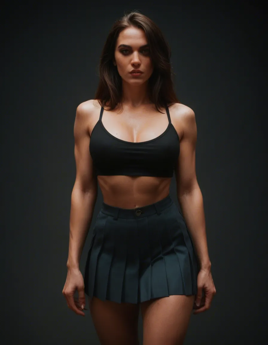 studio quality, sharp focus, demon girl, pleated skirt, futanari, cinematic realism, score_9, score_8, candid photo, realistic skin texture, visible skin pores, film grain, depth of field