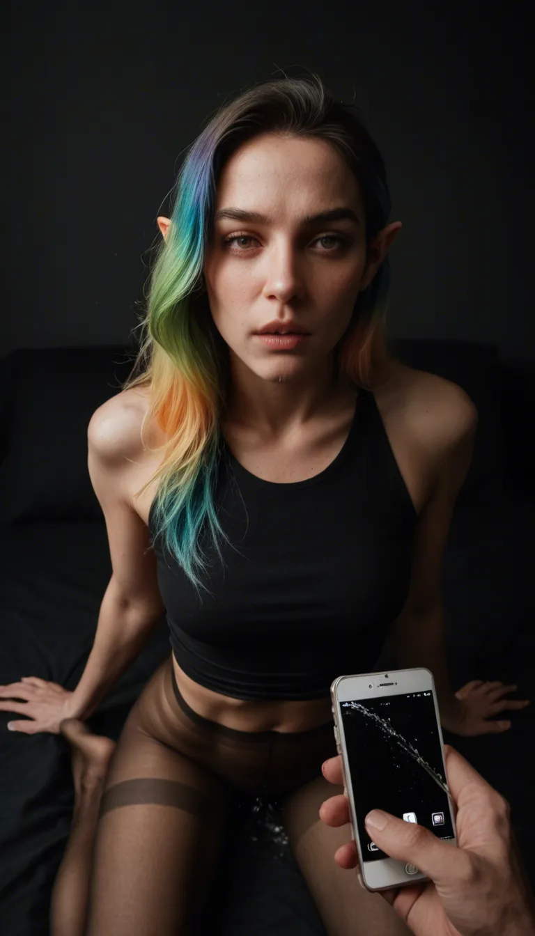 dslr, film grain, photorealistic, elf woman, multicolored hair, pantyhose, squirting, warm tones, 8k uhd photo