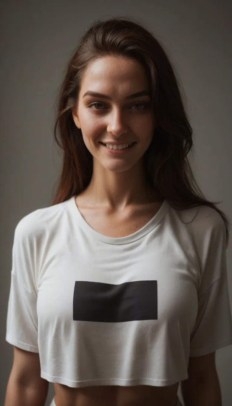 Beautiful woman, really oversized cleavage in tight shirt, smiling with facial