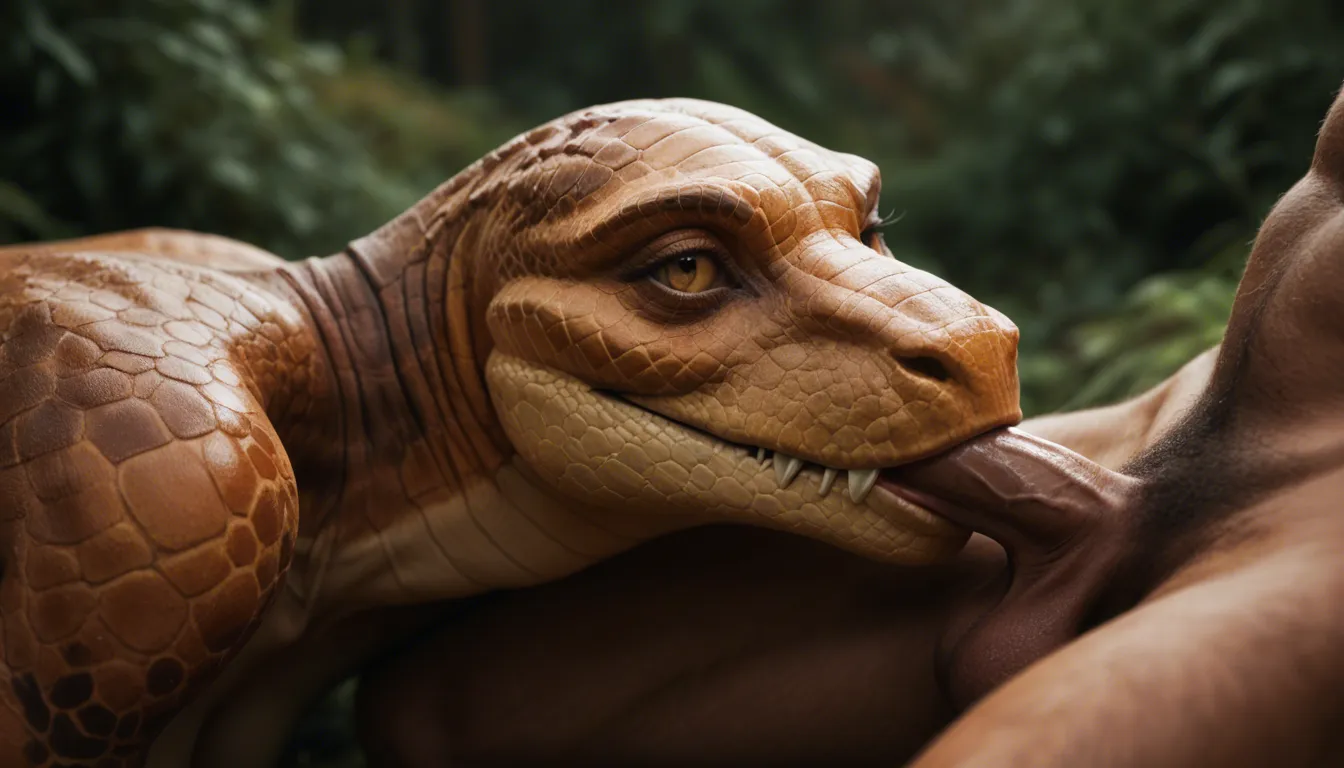 buddr. An female anthropomorphic reptile is having sex with a male human. The human thrusts his penis deep into the anthropomorphic reptile's ass. The human male fucks the anthropomorphic reptile hard and fast. The camera holds steady with a subtle handheld wobble, capturing the intensity of the act.