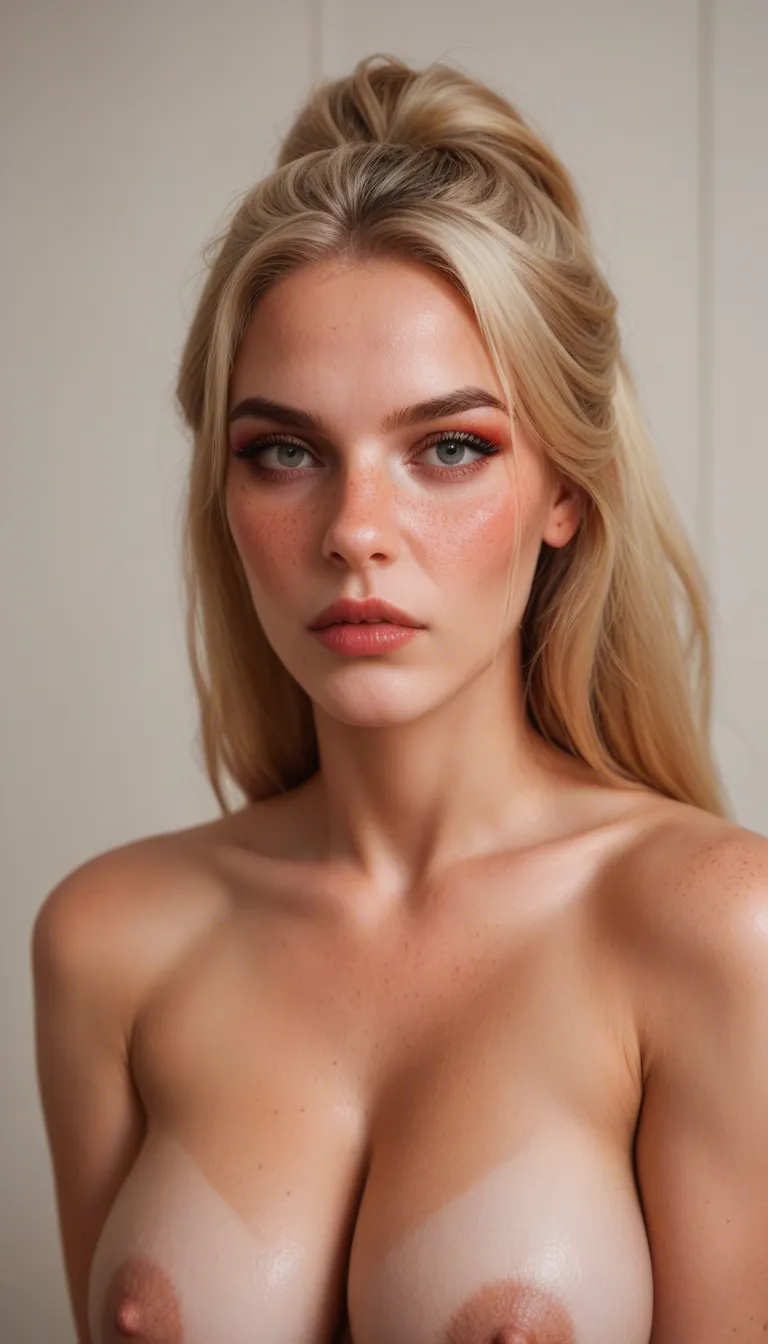 huge_breasts blonde nude 20-year-old Instagram model (, extreme full-face_blush, long false eyelashes, eyeliner, fancy hairstyle, freckles ), on her knees in my cozy bedroom gently sucking my small cock, lots of cum on face, male POV. She is very sweet, shy, embarrassed, intense nose_blush, cute, kind, grateful, submissive, loving, and dedicated. Soft round full cheeks.