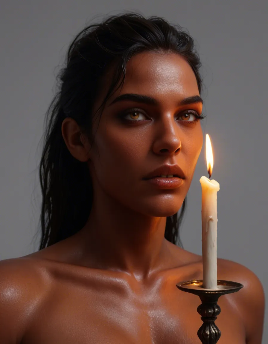 unreal engine, detailed, demon woman, presenting, white background, candlelight, game cinematic, score_9, score_8, 3d render, octane render, subsurface scattering, ray tracing, smooth shading