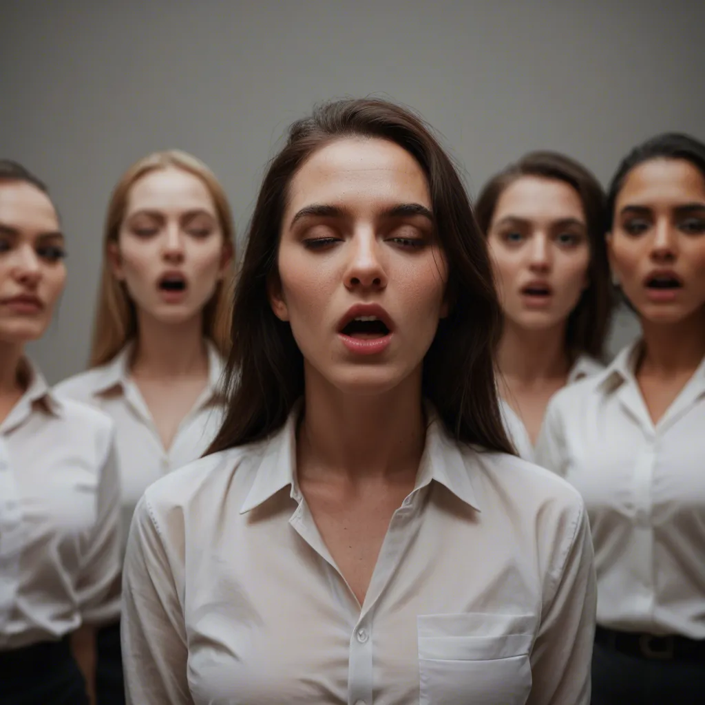 sharp focus, 8k uhd, 6+women, colored skin, office wear, moaning, grey background, hyperrealistic