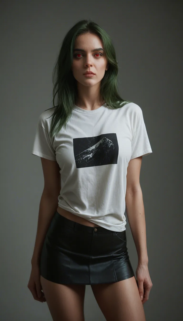 A woman wearing a mini skirt and a baggy T-shirt, which is black, she has long green hair. she has red eyes and she has exaggerated body proportions bimbo. Takes off a shirt. And play with her boots
