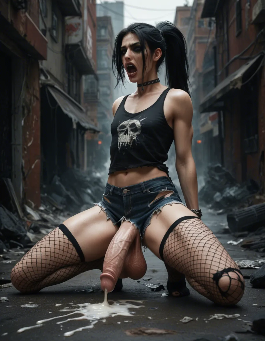 Giant Femboy male gay sissy, yelling, goth, denim_shorts torn, tank_top torn, torn fishnets, torn kneesocks, anklet, choker, giant penis cum erection, massive testicles, full_body, ponytail messy, looming, tall, destroyed city, over city, cityscape, city below,, score_9, score_8, amateur photo, phone snapshot, realistic skin texture, skin blemishes, soft indoor lighting
