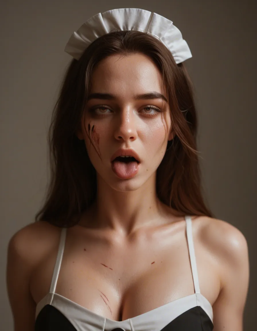 ultra HD, lifelike, over the shoulder, maid, ahegao, scar, lifelike render, score_9, score_8, candid photo, realistic skin texture, visible skin pores, film grain, depth of field