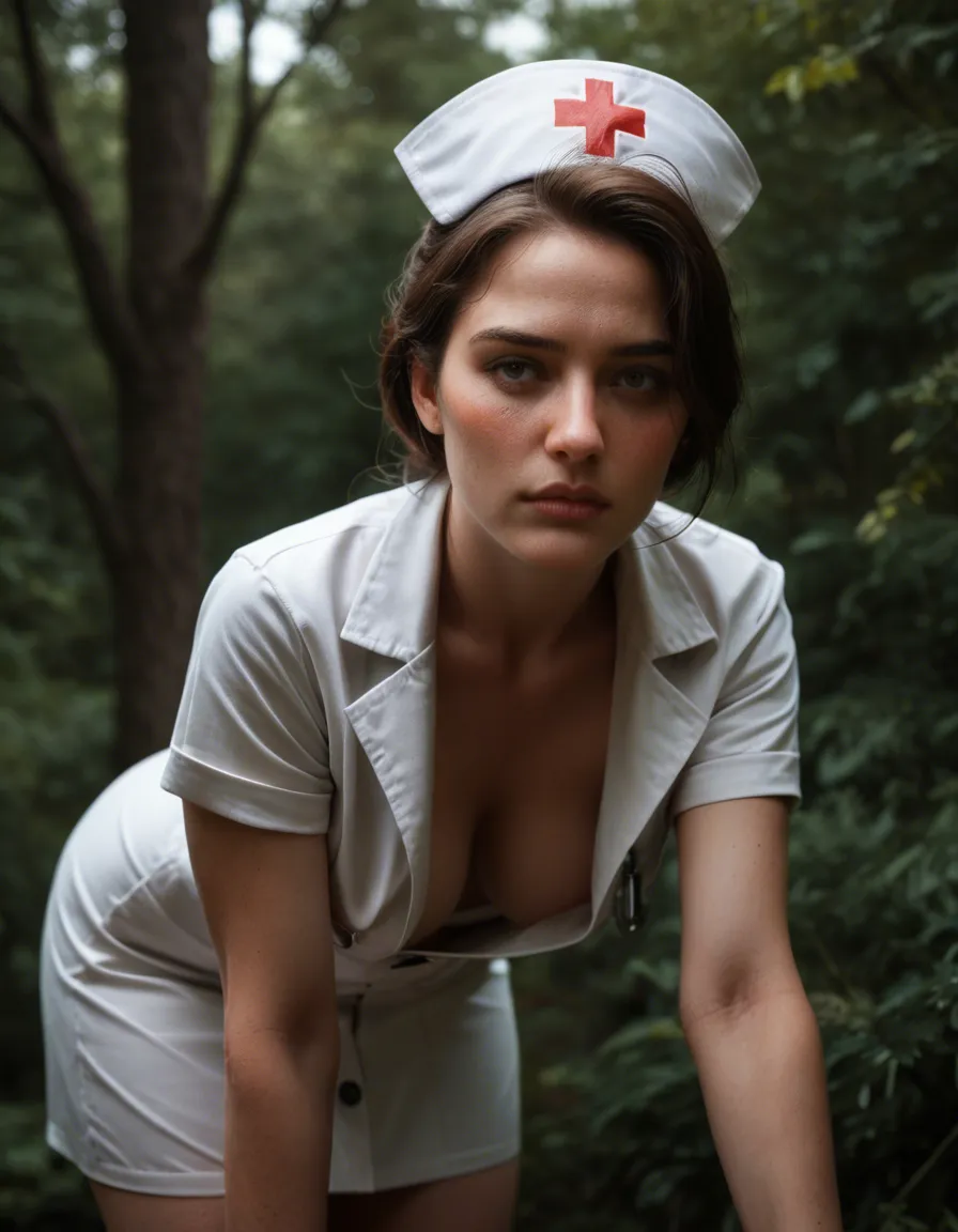 ultra HD, lifelike, medium shot, nurse, bent over, breasts, tree, nervous blush, hyperrealistic, score_9, score_8, candid photo, realistic skin texture, visible skin pores, film grain, depth of field