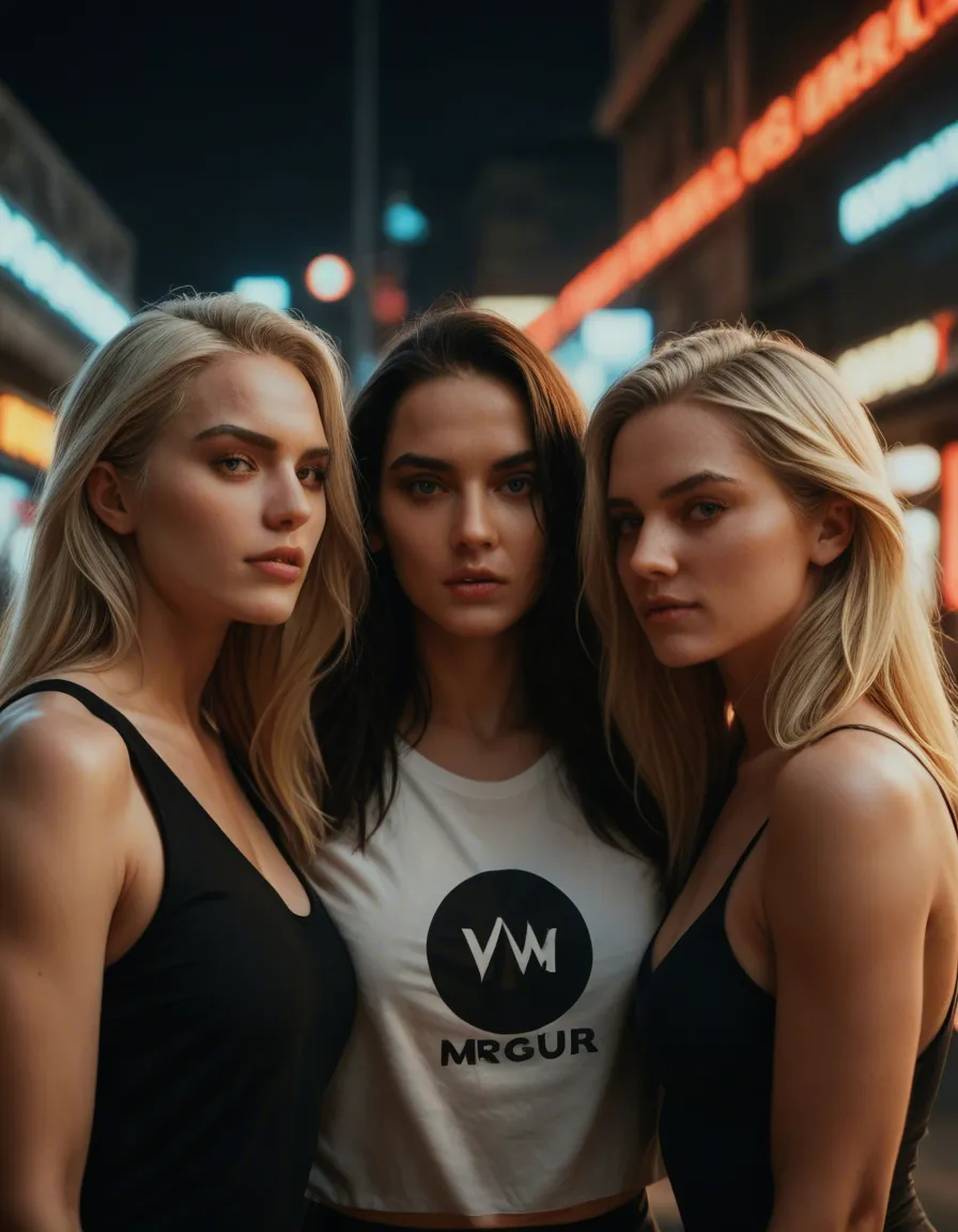 cinematic photo, 8k, 3women, blonde hair, shirt, fully nude, neon glow, film photography, score_9, score_8, candid photo, realistic skin texture, visible skin pores, film grain, depth of field