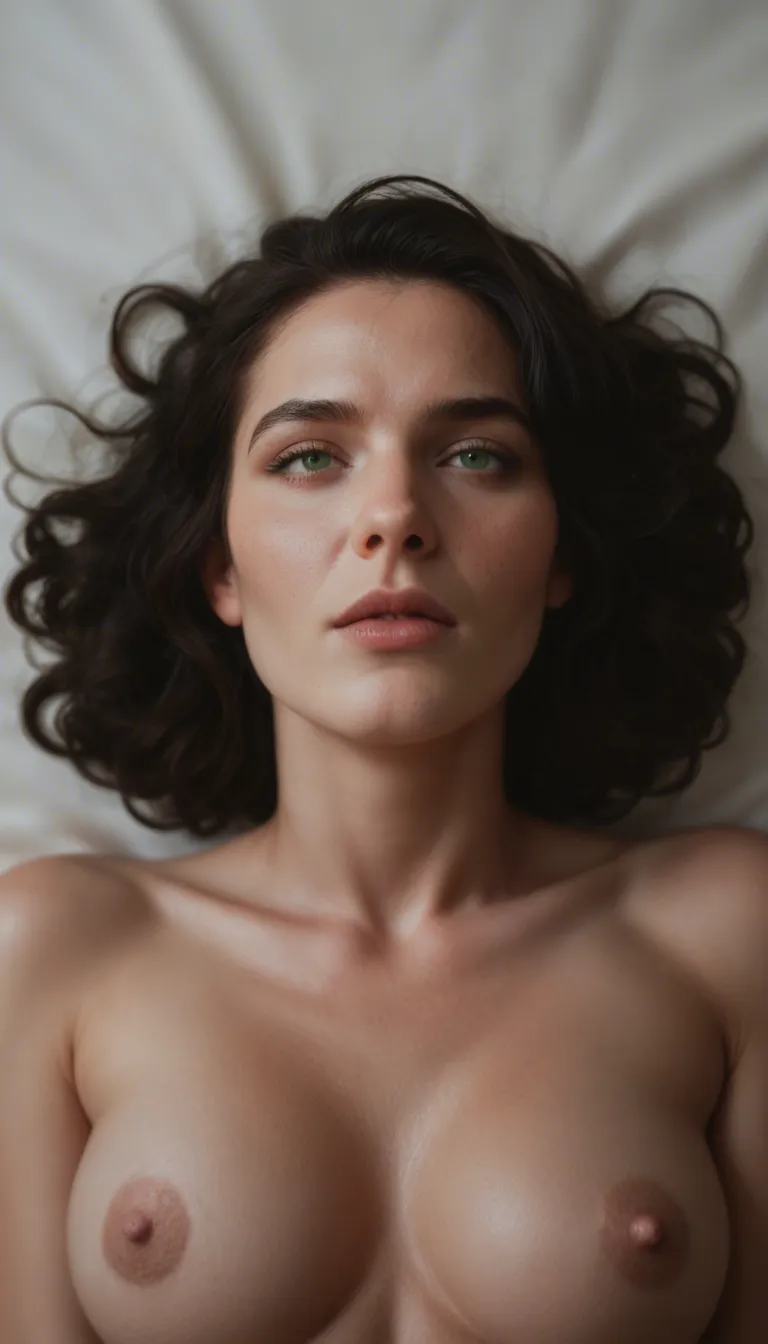beautiful woman, (curly black hair, white, green eyed), being fucked in missionary  eager focused expression, cheeks hollowed, eyes looking up at viewer, pov, detailed face, soft lighting.