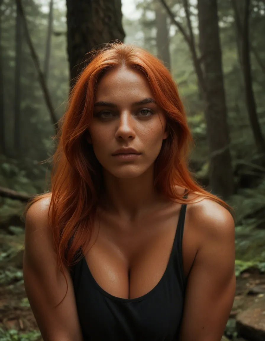 RAW photo, ultra realistic, redhead woman, presenting, dark skin, tree, 8k uhd photo, score_9, score_8, candid photo, realistic skin texture, visible skin pores, film grain, depth of field