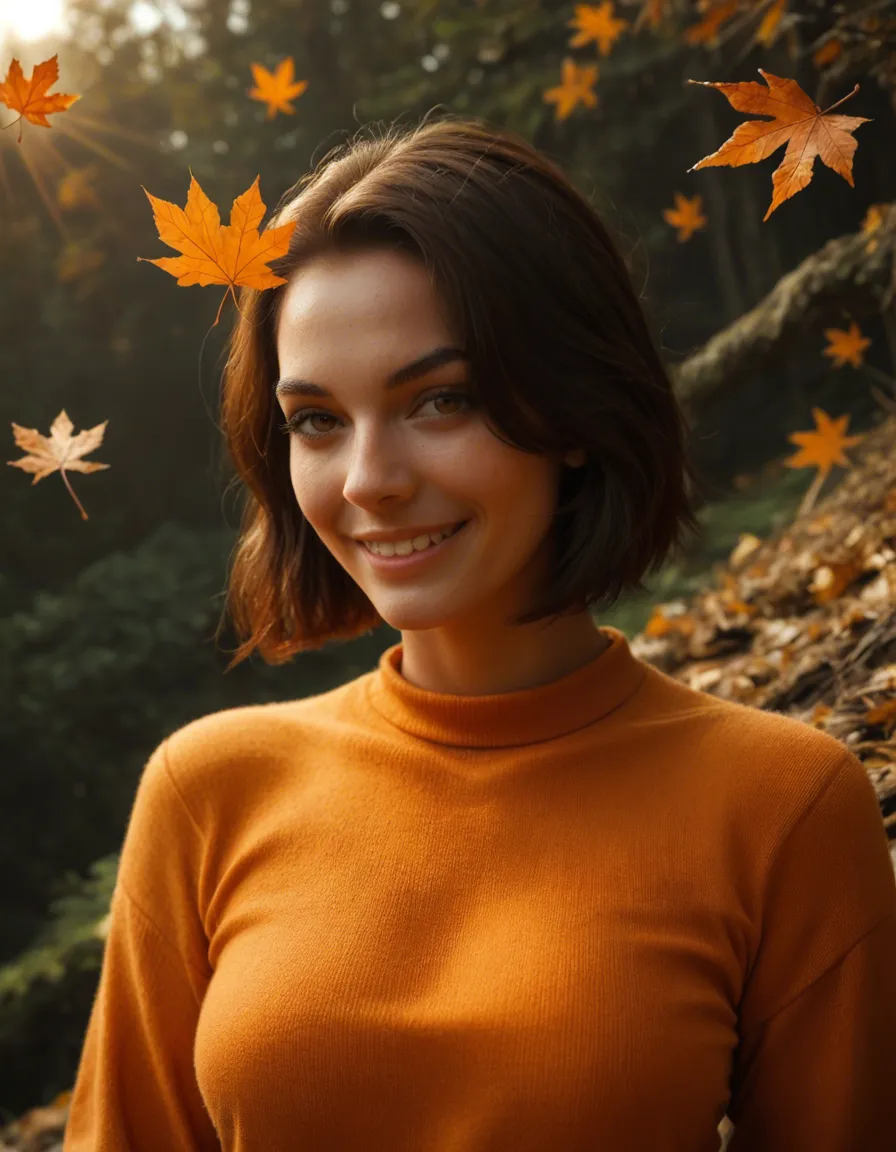 Beautiful short_hair brunette, brown_eyes, seductive_smile, tan, joyful smile, orange short sweater, skin_tight, bottomless, posing atop a pile of autumn_leaves, outdoors, sunlight, score_9, score_8, candid photo, realistic skin texture, visible skin pores, film grain, depth of field
