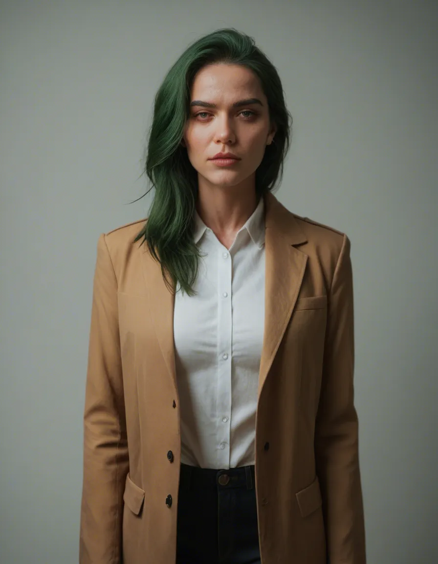 professional photo, high detail, 1woman, green hair, jacket, presenting, studio photo, score_9, score_8, candid photo, realistic skin texture, visible skin pores, film grain, depth of field