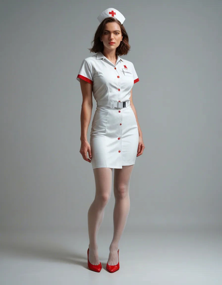 Realistic woman with white pantyhose red toes in a nurses dress, score_9, score_8, candid photo, realistic skin texture, visible skin pores, film grain, depth of field