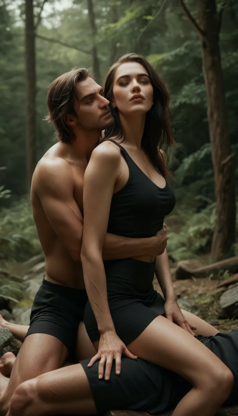 sharp focus, 8k uhd, couple, scar, black skirt, straddling, tree, 8k uhd photo
