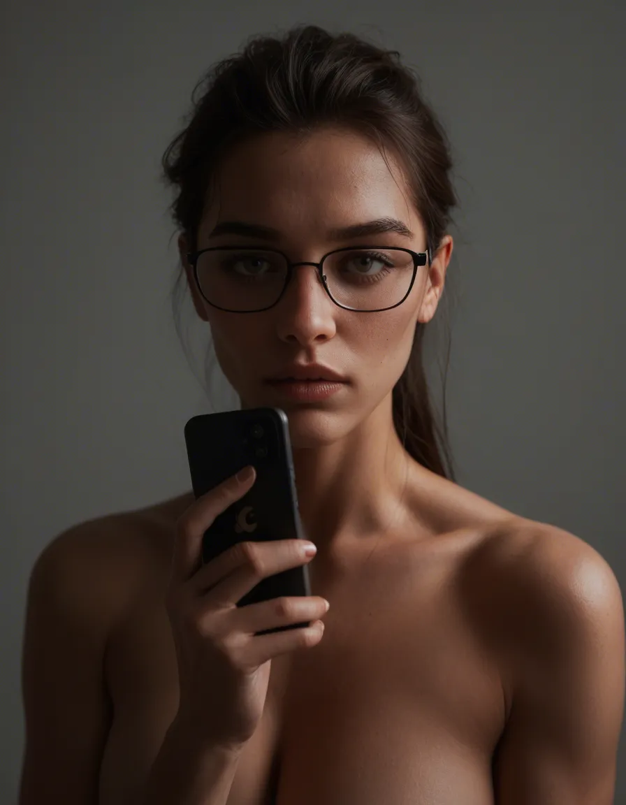 ultra HD, lifelike, couple, fully nude, glasses, mysterious vibe, lifelike render, score_9, score_8, amateur photo, phone snapshot, realistic skin texture, skin blemishes, soft indoor lighting