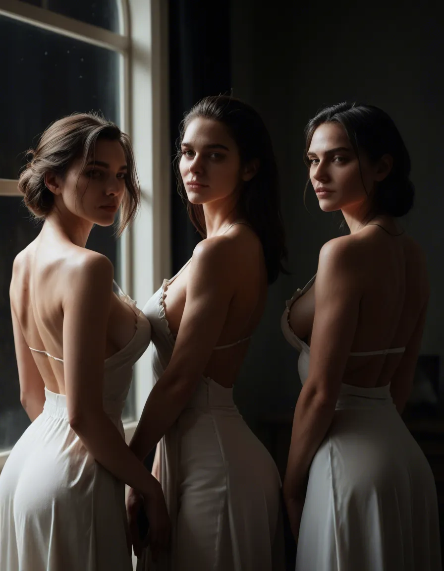 best quality, hyperrealistic, 3girls, sideboob, frills, presenting, black background, window light, lifelike render, score_9, score_8, candid photo, realistic skin texture, visible skin pores, film grain, depth of field