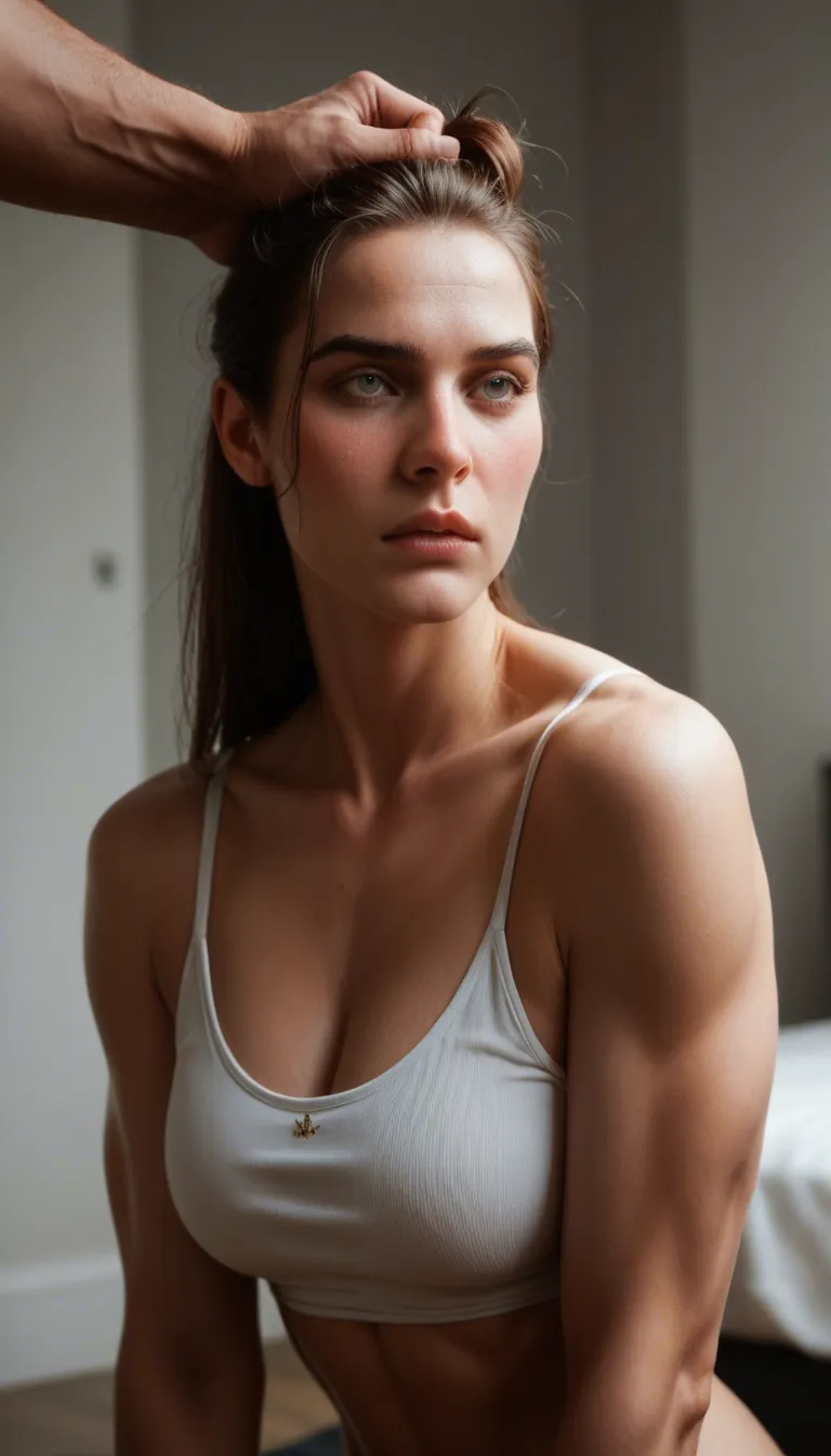 studio quality, sharp focus, over the shoulder, princess, hair pull, muscular, indoors, nervous blush, lifelike render