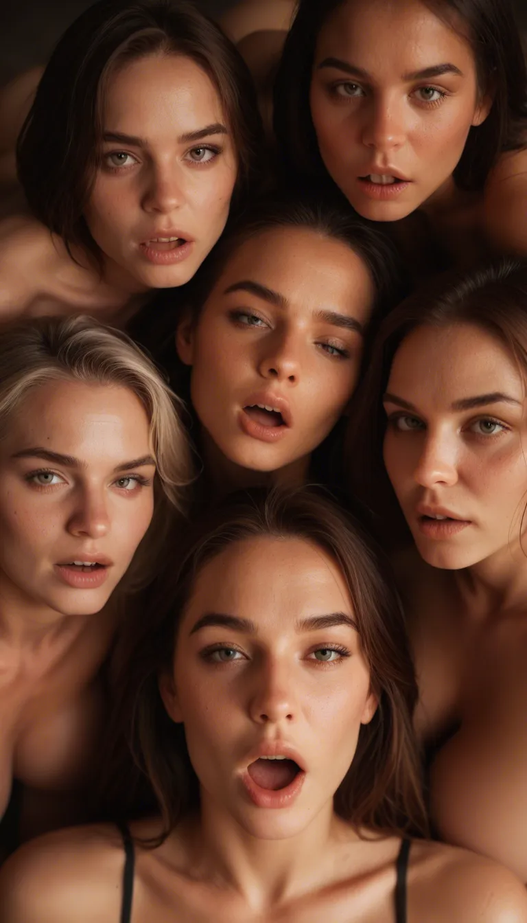highly detailed, natural lighting, from above, 5women, moaning, brown footwear, studio photo