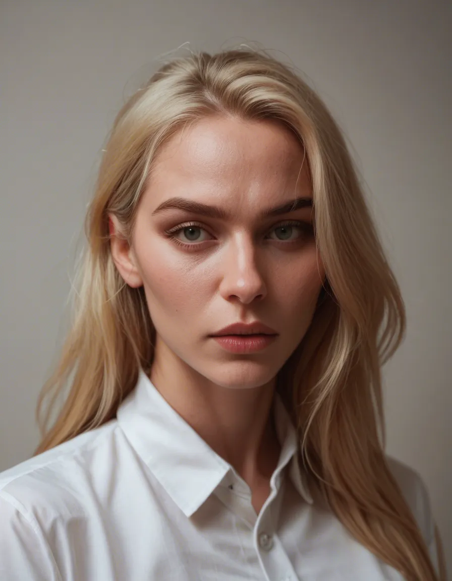 Big tit blonde teacher wearing white button shirt, score_9, score_8, candid photo, realistic skin texture, visible skin pores, film grain, depth of field