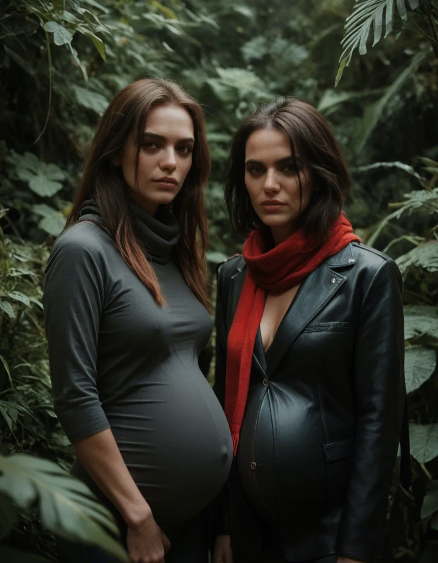 sharp focus, 8k uhd, 2women, presenting, scarf, plant, RAW photo, pregnant, score_9, score_8, candid photo, realistic skin texture, visible skin pores, film grain, depth of field