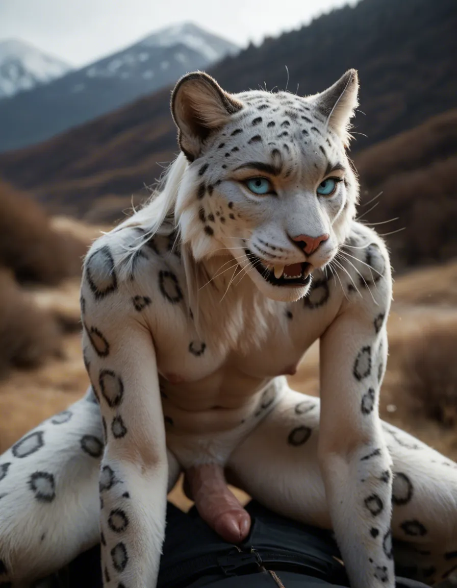 A furry femboy snow leopard riding dick in an anime art style, score_9, score_8, candid photo, realistic skin texture, visible skin pores, film grain, depth of field