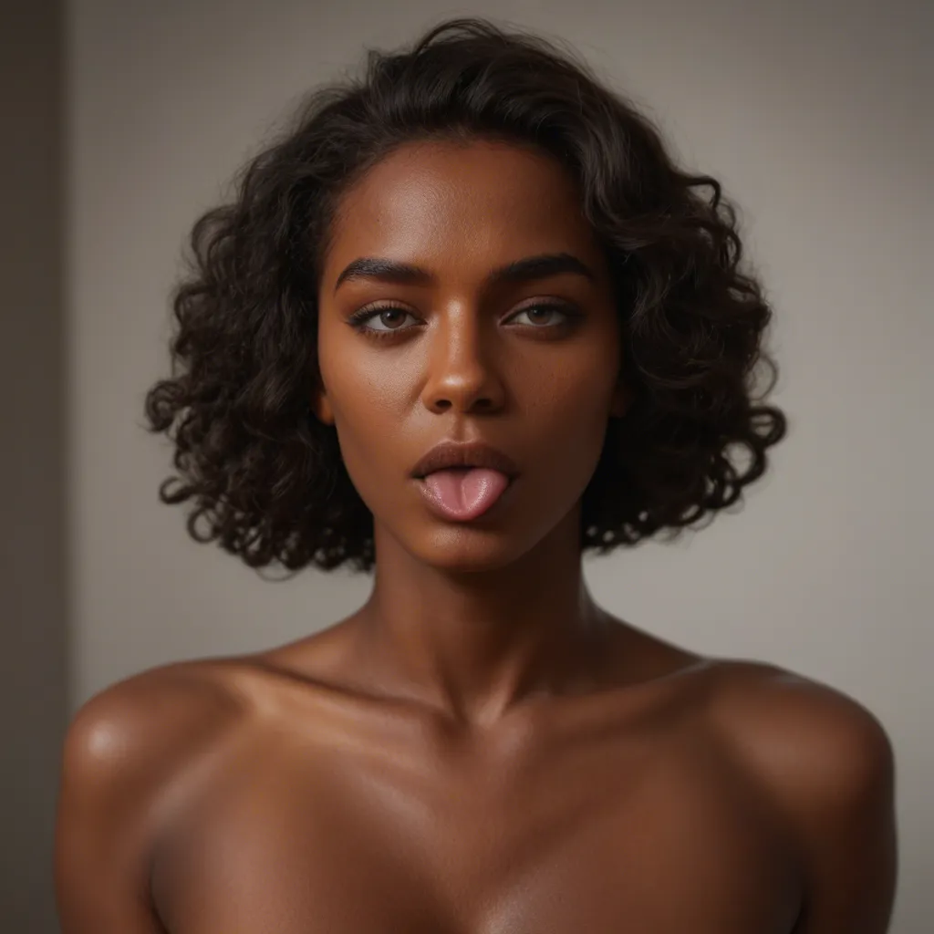 Naked tall dark skinned athletic black woman with long curly hair licking the vagina of a naked half Japanese half Caucasian woman with a short black pixie haircut, small breasts, brown eyes making a pained face laying on a bed