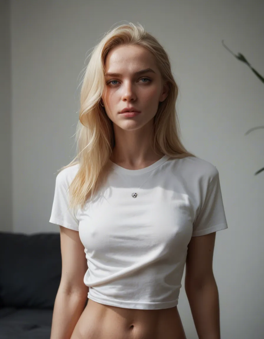 Skinny shirt-hair blonde in her twenties stroke white cock until cum sprays on her facr, hair and tits., score_9, score_8, candid photo, realistic skin texture, visible skin pores, film grain, depth of field