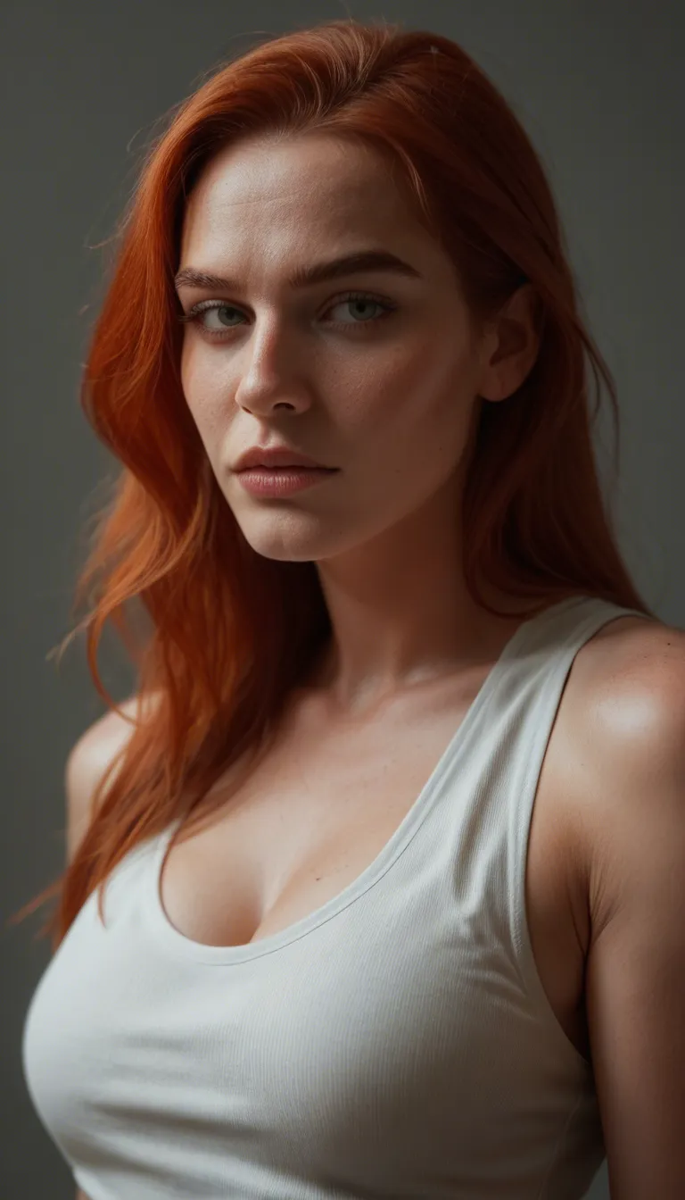 highly detailed, natural lighting, redhead woman, colored skin, sleeveless, presenting, grey background, 8k uhd photo